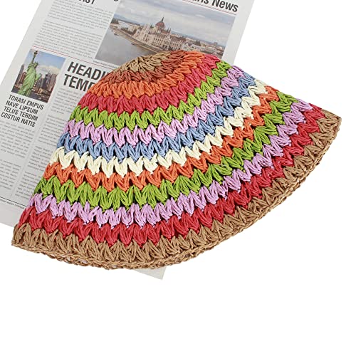 Women Straw Sun Hat Floral Woven Crochet Bucket Hat Y2k Aesthetic Accessories Beach Hat Hand Woven Boho Foldable Cap - color: Striped a
