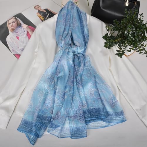100% Mulberry Silk Women's Neck Silk Scarf-Lightweight Shawl,FLoral Print Beach Silk Wrap-Scarves for Photography - color: Grey Blue
