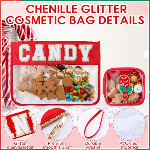 Hillban 2 Pcs Christmas Gifts Chenille Letter Bags Xmas Makeup Cosmetic Bag Clear Toiletry Zipper pouch Candy Canes purse Waterproof Travel Purse Preppy Things for Women Holiday Present - style: Candy Theme