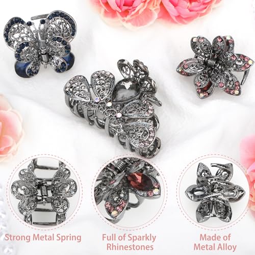 kilofly 3pc Vintage Crystal Hair Claw Clips Long Thick Hair Metal Clamps - color: 2 Small + 1 Medium