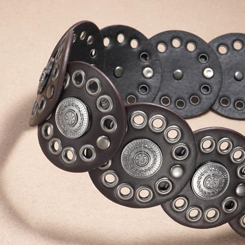Women Western Disc Belt Boho Disk Concho Leather Belts Adjustable Knot Tie Waist Belts for Dresses - color: Coffee