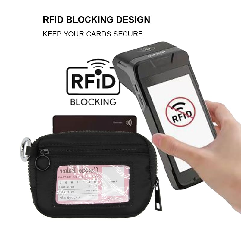 Wristlet Wallet for Women Mini Zip Card Case with Clear ID Window Zipper Coin Purse Lightweight Portable Keychain Wallet - color: Black