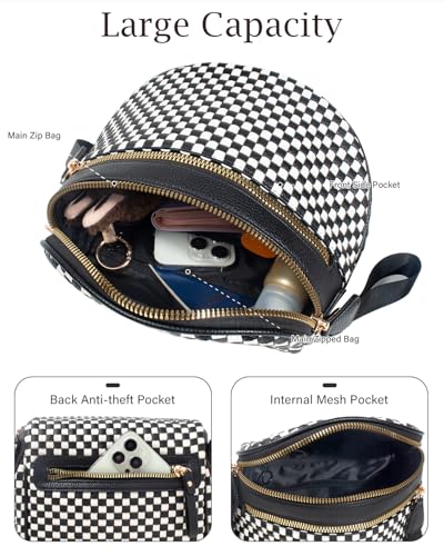 Valentoria Large Woven Leather Crossbody Bags for Women Checkered Bum Bag Sling Bag Purse Adjustable Strap Detachable Wallet | Woven - color: Black&white Checkered