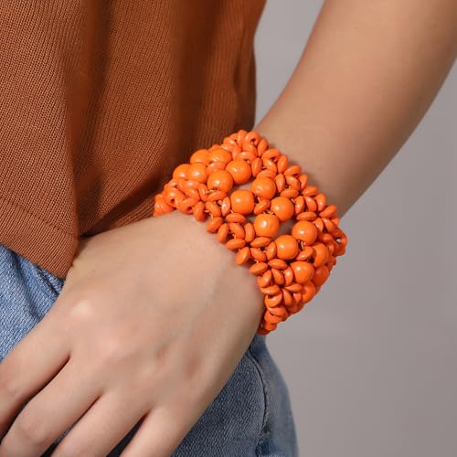 Boho Wide Chunky Colorful Wooden Thick Shell Elastic Stretch Bracelet Handmade Bohemia Summer Beach Vacation Adjustable Lightweight Wood Wristband Jewelry for Women - color: orange