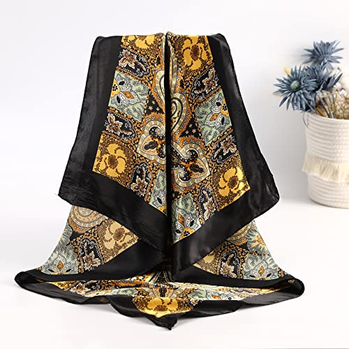 AWAYTR Satin Silk Scarf - Large Hair Bandana, Sleeping Wrap for Women - color: Cashew(black)