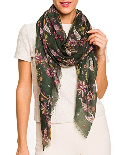 MELIFLUOS DESIGNED IN SPAIN Scarf for Women Lightweight Floral Flower Scarves for Summer Fall Shawl Wrap - color: Barcelona Collections 43 - Green Paisley Floral