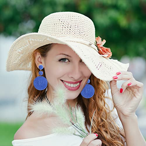 Boho Raffia Ball Earrings for Women, Handmade Statement Drop Earrings Straw Dangle Earrings Beach Vacation Jewelry - color: Royal blue