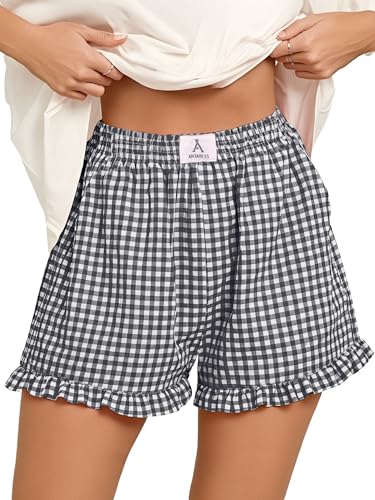 ANRABESS Boxer Shorts for Women,Gingham Plaid Elastic Waist Ruffle,Perfect for Lounge,Pajama&Sleep,Cute Casual Summer Bottoms - color: Black White Plaid, size: Small