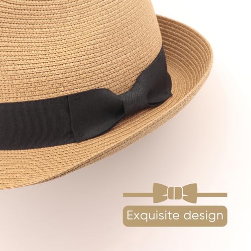 DRESHOW Women Straw Sun Hat Short Brim Panama Travel Fedora Summer Hat Roll Up Beach Cap for Women UPF 50+ - color: 1 Pack Rolled Hat: Khaki (Black Band)