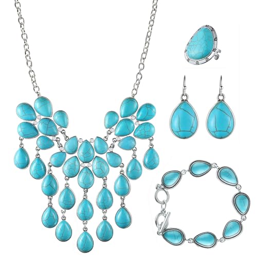 4 PCS Western Turquoise Jewelry for Women Boho Vintage Navajo Pearl Necklace Earring Bracelet Ring Set Country Cowgirl Accessories for Gift - color: C-Blue