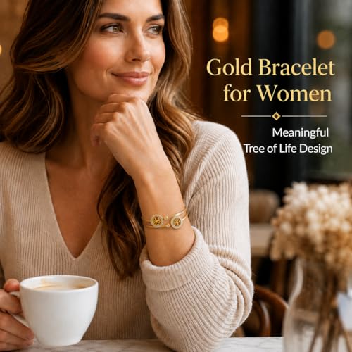Gold Tree of Life Bangle Bracelet for Women, 18K Gold Plated Stainless Steel Double Layer Spring-Open Bangle, Meaningful Dainty Jewelry Gift - color: TREE GOLD