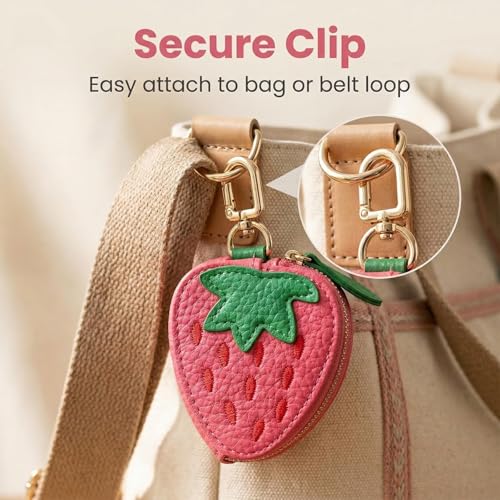 Coin Purse Keychain for Women, Cute Mini Leather Bag Charm & Coin Pouch, Small Fruit Wallet Keychain with Zipper - color: Strawberry