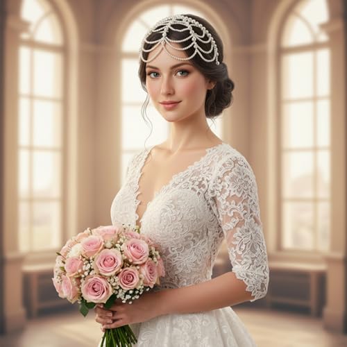 1920s Pearl Headpiece White Pearl Cap Headpiece Roaring 20s Headbands for Women Pearls Beaded Cap Head Piece Head Chain Hair Accessories, for Wedding Bridal Cosplay Halloween Art Decor Party