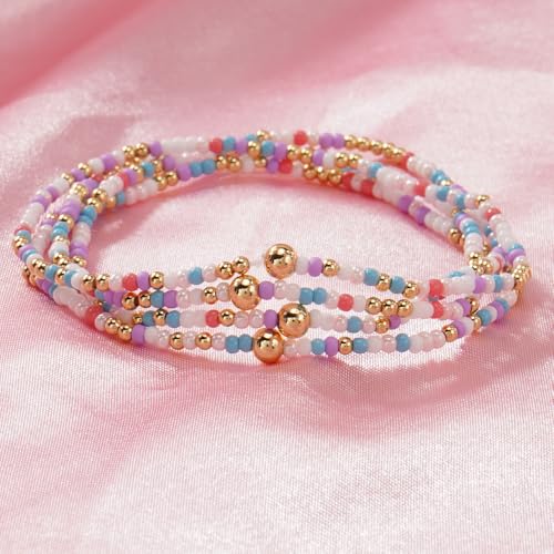 Boho 4Pcs Stack Colorful Small Seed Beaded Bracelets Set for Women, Cute Handmade Dainty Trendy Gold Plated Stretch Accessories Thin Glass Jewelry, Summer Daily Party Friendship Gift - color: Purple White
