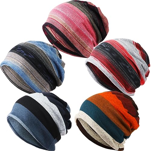 SATINIOR 5 Pieces Women's Slouchy Beanie Chemo Hat Stretch Cancer Head Wraps Sleep Head Scarf for Cancer Patient - color: Multicolor, style: Stripe Style