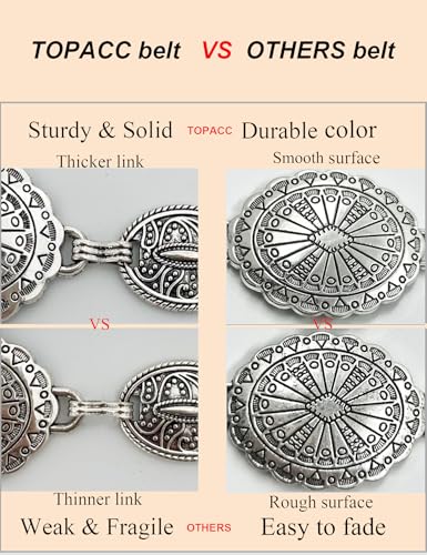 TOPACC Western Metal Concho Belt for Women Cowgirl Chain Belts for Dresses Jeans Country Concert Outfit - color: B Silver, size: Fit Waist: 34-36 in