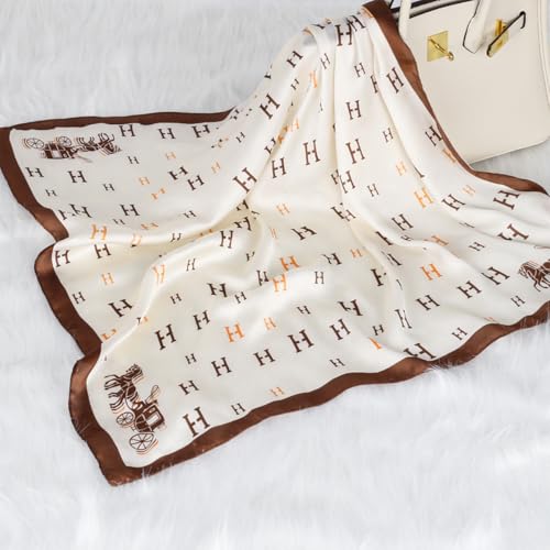 Relang Fashion Silk Satin Head Scarf for Women Hair Bandana Hair Scarf Wrap Neck Scarf for Women 27.5×27.5 inches - color: Brown&white