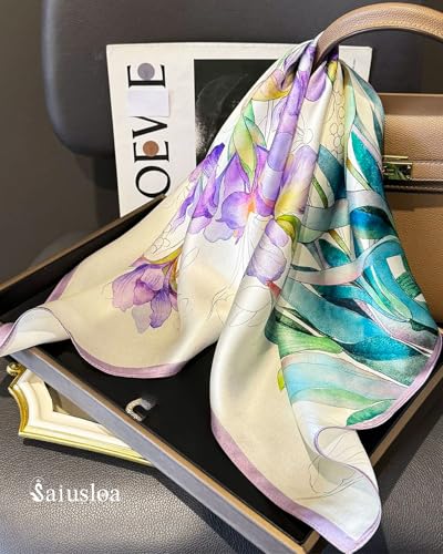 Saiusloa Neck Scarf For Womens Silky Head Scarves Hair Bandanas Square Scarf Fashion Accessories lightweight - color: 17-purple Irises With Purple Edges