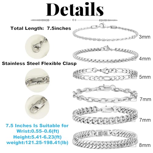 XIANNVXI 6pcs Bracelets for Men Gifts for Him Stainless Steel Bracelet Silver/Gold/Black Cuban Link Rope Paperclip Chain Bracelets Set 6.5/7/7.5/8.3/9 Inches Metal Bracelet Mens Fashion Accessories Jewelry Gifts Set - color: Silver, size: 7.5 in-Men Small