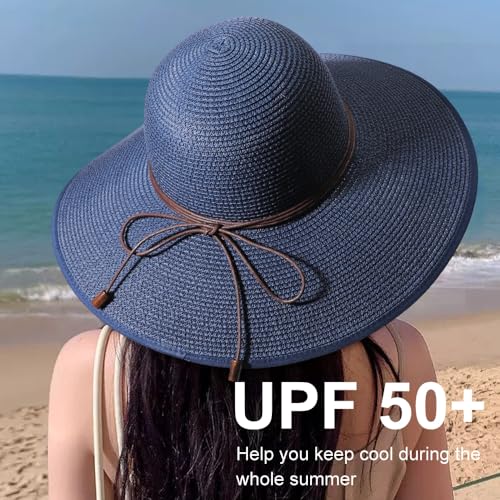 DRESHOW Beach Hats for Women Big Straw Wide Brim Summer Hat Floppy Foldable Roll up Cap Sun Hat UPF 50+ - color: 1 Pack Bowknot Hat: Navy Blue, 4.7" Brim