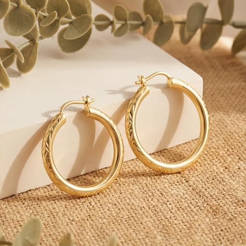 Gold Hoop Earrings for Women 14K Gold Hoop Earrings for Women 14K Gold Earring Hoops Delicate Pattern like Leaf Hoops Earring for Womens 25/30mm - size: 30mm