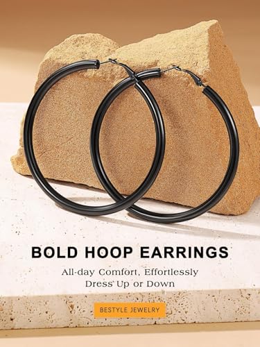 Bestyle 5mm Thick Gold Hoop Earrings Hypoallergenic Hoops for Sensitive Ears Trendy Lightweight Chunky Earrings for Women 30/40/60/80mm - color: 01-Black, size: 80mm