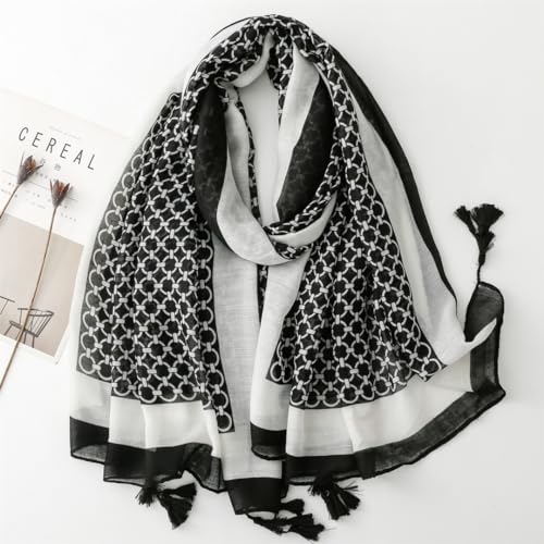 WaJuemy Travel Boho Scarf for Women Casual Lightweight Pashmina Scarves Fashion Multicolor Shawl Wraps with Fringed Beads - color: 05 Black/White Plaid