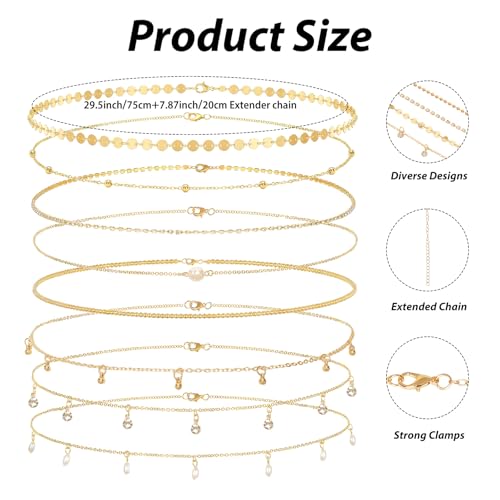 8Pcs Gold Waist Chain Set for Women Sexy Belly Body Chains Pearl Sequin Snake Bead Chains Belt Beach Bikini Jewelry Accessories Set Adjustable for Summer Beach Holiday Party - color: Set 1