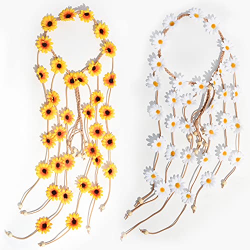 Sucrain 2pcs Flower Hippie Headband Floral Crown Summer Sunflower Hair Accessories for 70 s Bohemian Costumes Style for Women - color: White+Yellow