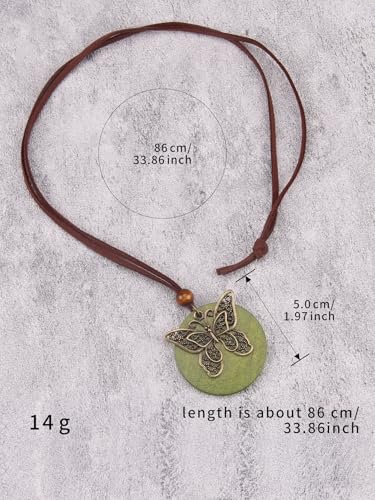 GelConnie Leather Necklace for Women Round Wooden Pendant Long Leather Choker Vintage Sweater Necklace Gold Chunky Boho Necklaces for Women - style: Butterfly Wooden Necklace