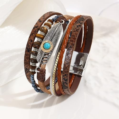VIBILIA Boho Leather Wrap Bracelets for Women Men Multi-Layer Bracelets with Strong Clasp Western Jewelry - color: 09-Gravel Feather-Coffee