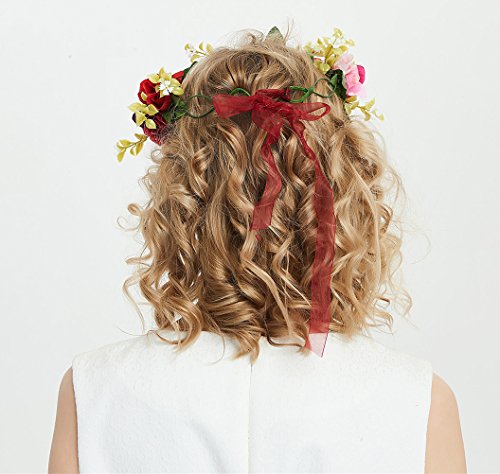 Vivivalue Rose Flower Crown Boho Flower Headband Hair Wreath Floral Headpiece Halo with Ribbon Wedding Party Festival Photos Red - color: 96