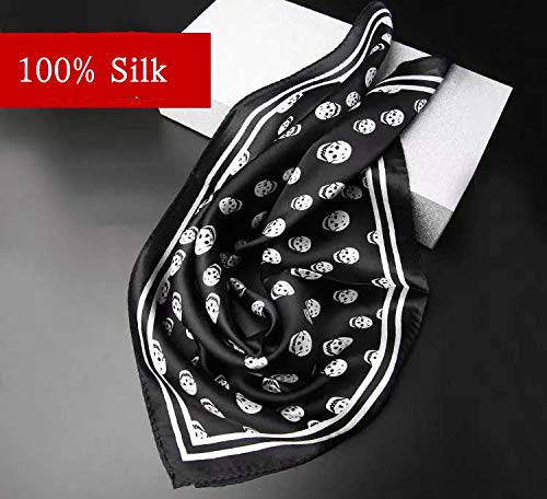 ANDANTINO 100% Mulberry Silk Scarf -21” Square Neckerchief with Gift Packed - color: Black&white Skulls