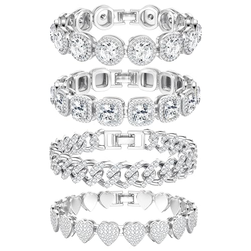 TEN MIRO Silver Plated Bracelets for Women,Silver Tennis Bracelets for Women Non Tarnish Heart Round Square Cuban Bracelet stack Layered Link Bracelet Set Fashion Jewelry for Women or Men