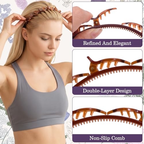 2 Pcs Headband with Clips, 90s Butterfly Hair Clips Headband with Teeth for Women, Braided Weave Bangs Non-Slip Clip Headbands Hair Accessories for Styling Decoration- Light Brown, Dark Brown - color: 2 Pcs Dark Brown