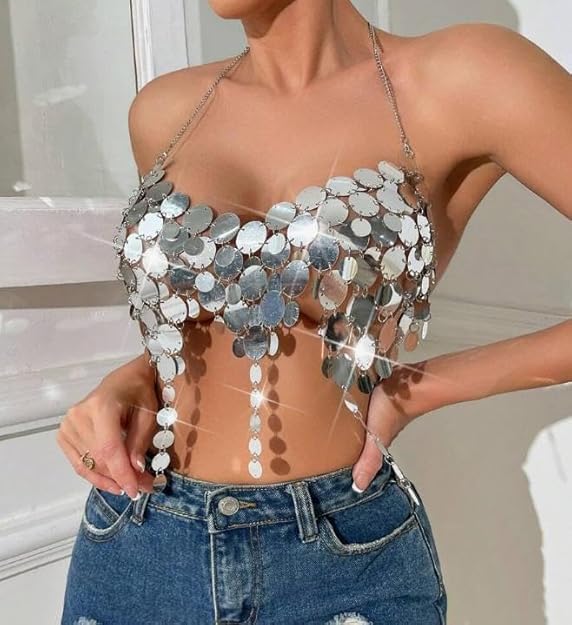 Women's Metallic Sequin Halter Body Chain Top, Adjustable Size, Backless Design, Festival Rave Outfit（Silver）
