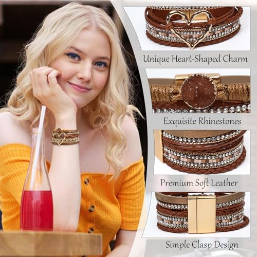 Leather Wrap Bracelet for Women, Boho Cuff Bracelet with Strong Clasp, Multi-Layer Crystal Leather Bracelet for Valentine Mother's Day - color: 01-Heart-Brown