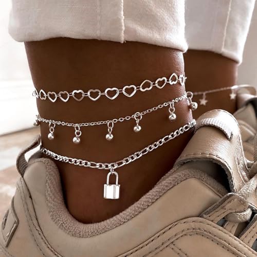 3 Pcs Layered Silver Tone Anklets for Women Trendy Lock Heart Charm Ankle Bracelets Set Adjustable Chunky Figaro Foot Jewelry Gifts