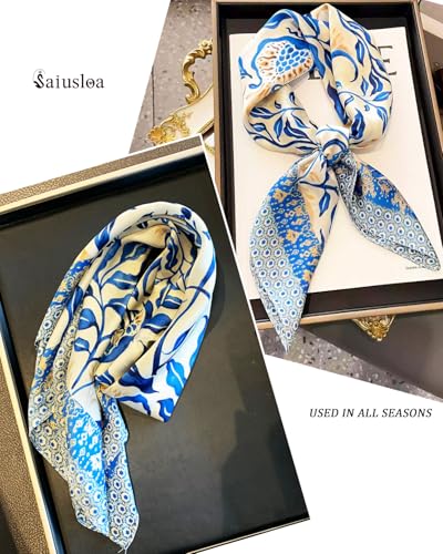 Saiusloa Neck Scarf For Womens Silky Head Scarves Hair Bandanas Square Scarf Fashion Accessories lightweight - color: 11-star Edge Blue Leaf
