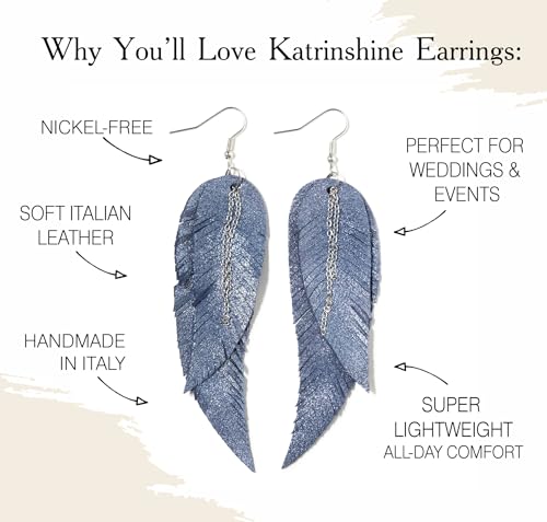 Black shiny Leather Feather Earrings for Women, Lightweight Minimal Boho Dangle Earrings, Small Simple Everyday Jewelry - color: Blue shiny