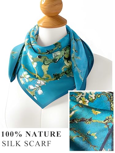100% Mulberry Silk Scarf for Women Hair Lightweight Square Neckerchief Wrap For Head Scarves 21" - color: 18-blue/White Flowers /21"*21"