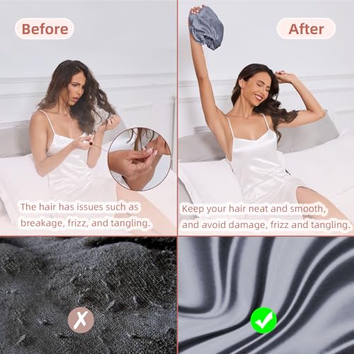 Adjustable Silk Satin Hair Bonnet for Sleeping Women, Double Layer, Silk Hair Wrap for Sleeping Women Men, Curly Natural Braid Straight Unisex - Slate Grey - color: Slate Grey