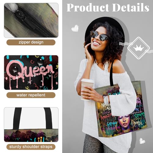 African American Women Tote Bag Black Shoulder Handbag For Women Fit Work Beach Labtops With Zip - color: Black Women 7