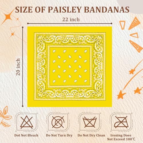 50 Pcs Bandanas Bulk Large Bandana Headband Paisley Cowboy Bandana Scarf Handkerchief for Women Men - color: Yellow