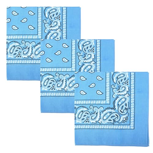 Motique Accessories Set of 3 Paisley Bandanas – 100% Cotton 22 Inch Head Scarf Neck Bandana Face Cover - color: Light Blue