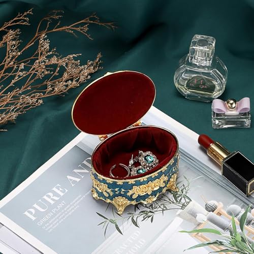 Hipiwe Vintage Metal Jewelry Box - Oval Trinket Box Ring Case with Rose Pattern Jewelry Storage Box for Ring Earrings Necklace, Keepsake Box for Women - color: Blue