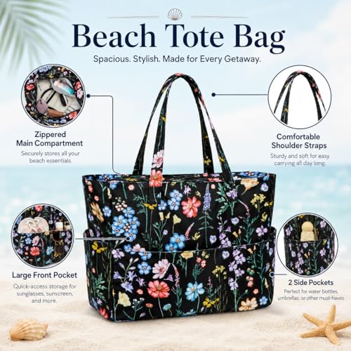 Bluboon Waterproof Beach Tote Pool Bags for Women Ladies Extra Large Carry On Bag With Wet Compartment for Weekender Travel - color: Black Butterfly-floral