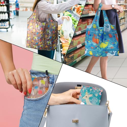 Foldable Reusable Grocery Bags, 4 Pack Large Shopping Tote Bags, Durable & Machine Washable Lightweight Totes for Travel, Groceries & Daily Essentials - color: Whale 4 Pack