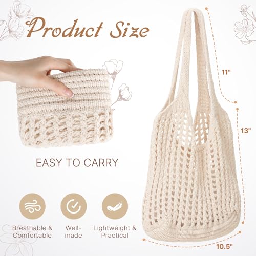 Tavaleu Crochet Tote Beach Bags for Women, Mesh Beach Tote Knit Bag, Summer Vacation Aesthetic Boho Hobo Shoulder Bag - color: Light Buff