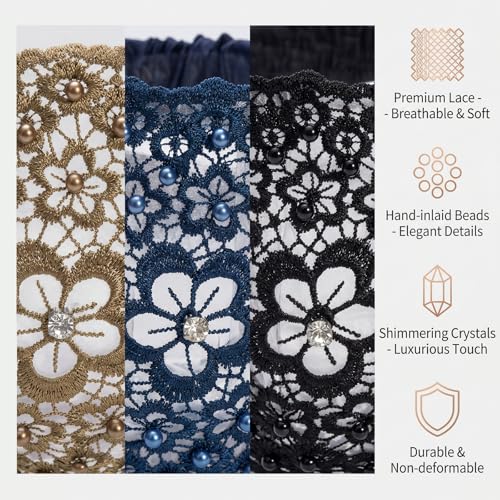Chedin 3pcs Boho-Chic Wide Elastic Lace Headbands for Women - Crystal, Pearl & Floral Beaded, Fit Daily Wear/Weddings/Holidays